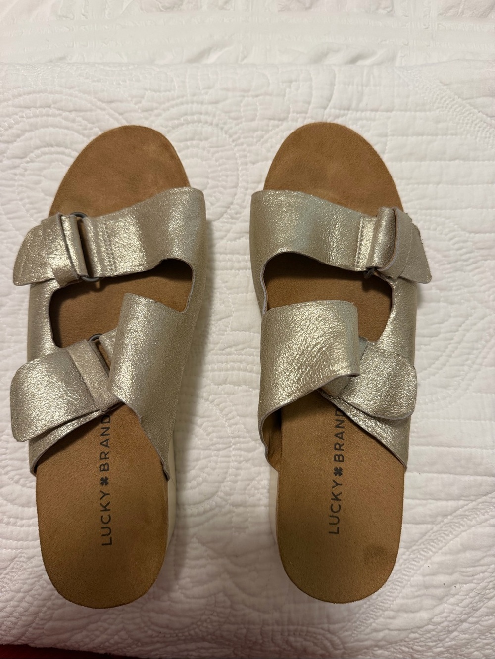 Lucky Brand Metallic Silver Buckle Slide Sandals